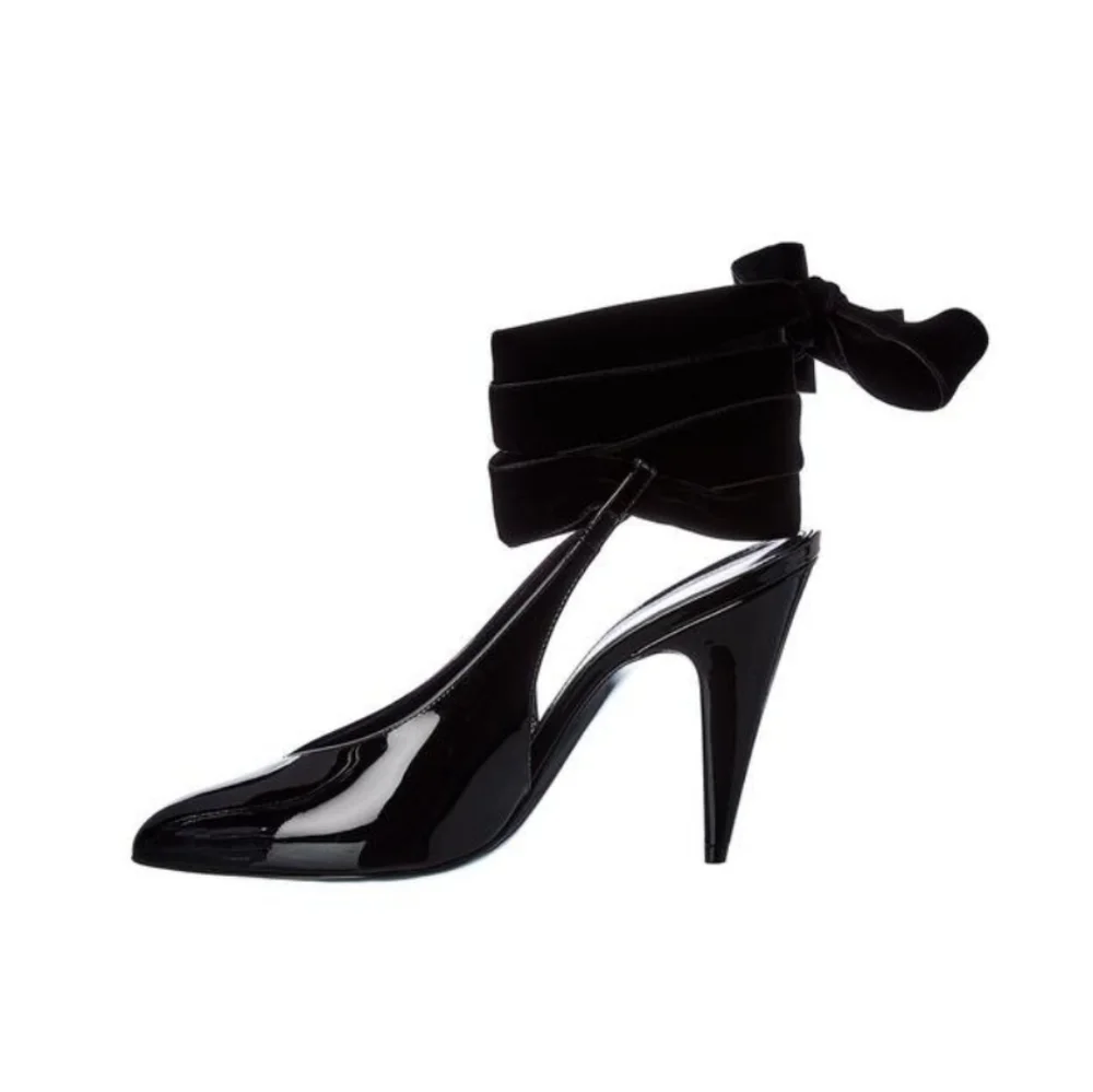 Saint Laurent Patent Leather Slingback Pointed Toe Lace Up Pumps Size 38… - Picture 6 of 12